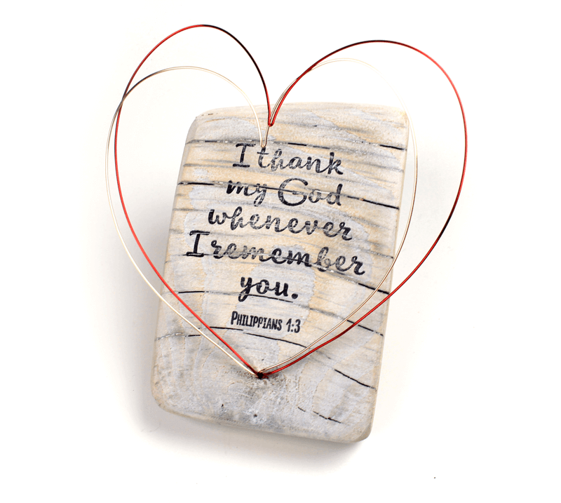 Salvaged wood, wire and hand-stamped sculpture with Philippians 1:3